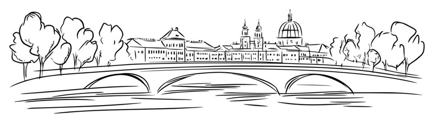 river bridge with european city skyline hand drawn vector
