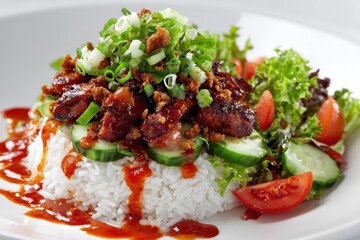 Plated rice dish with meat, vegetables, and sauce on a white plate against a white background