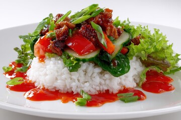 Rice mound topped with meat, veggies, and sauce on a white plate, side light