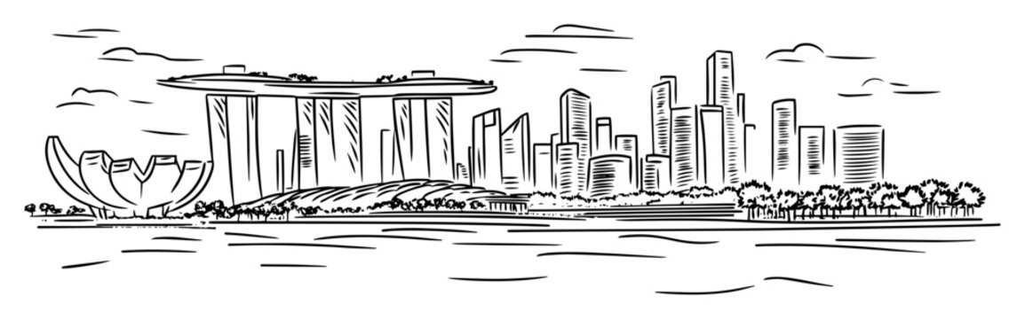 modern city skyline with marina bay sands hand drawn vector