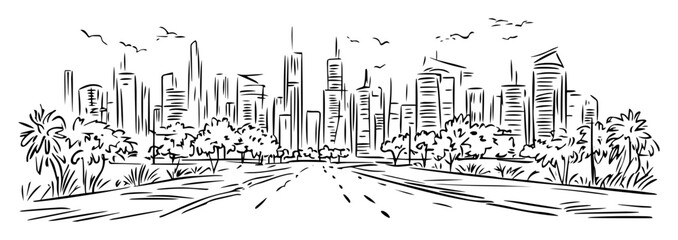 Fototapeta premium modern city skyline with highway hand drawn vector
