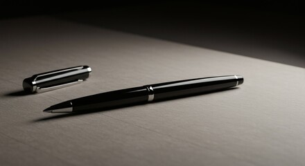 Black Ballpoint Pen with Silver Cap on Gray Paper Surface in Low Light