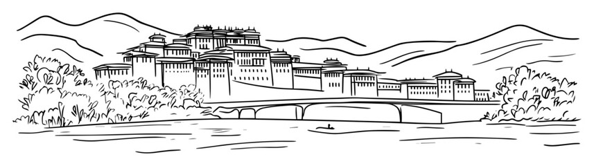 potala palace in lhasa tibet hand drawn linear vector illustration