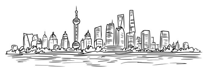 Obraz premium shanghai skyline with oriental pearl tower and skyscrapers vector line sketch