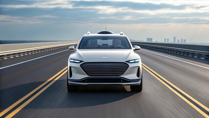 Fototapeta premium self driving driverless car concept Sleek silver SUV driving on a modern highway under a bright sky.