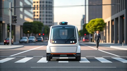 self driving driverless car concept Autonomous vehicle navigating urban streets with pedestrians and modern buildings in view.