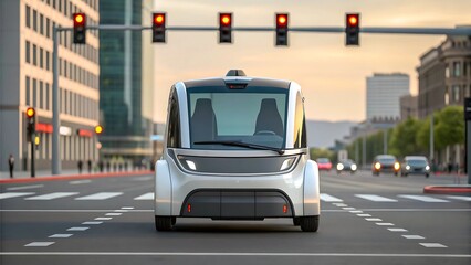 self driving driverless car concept Futuristic self-driving vehicle at a city intersection with traffic lights.