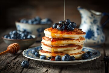 Stack of fluffy pancakes topped with blueberries and drizzled with golden syrup on a plate