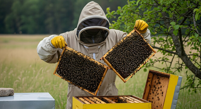 Beekeeper Holding Honeycomb Frames with Bees in Grassy Field