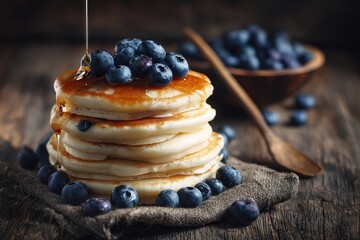 Stack of golden pancakes topped with fresh blueberries and dripping syrup on linen cloth