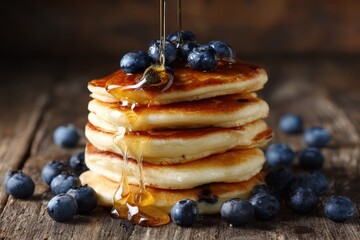 Stack of pancakes with blueberries and syrup on a rustic wooden surface; close-up view