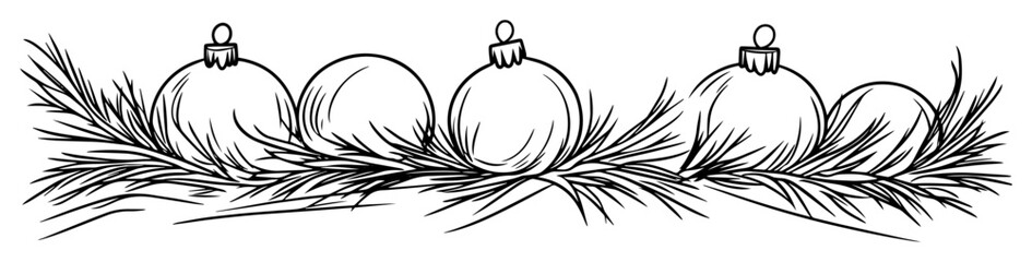 hand drawn christmas baubles on pine branches – vector line art