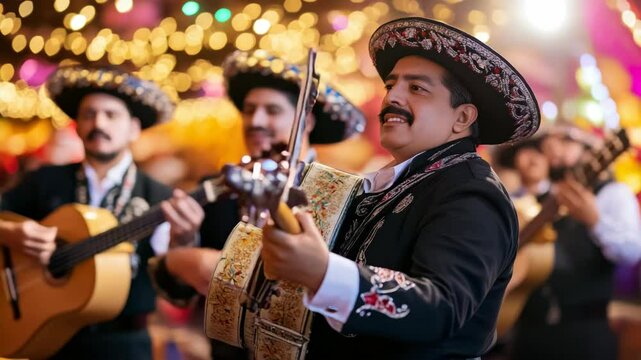 Energetic mariachi performance ignites festive celebration with vibrant guitars and joyful melodies