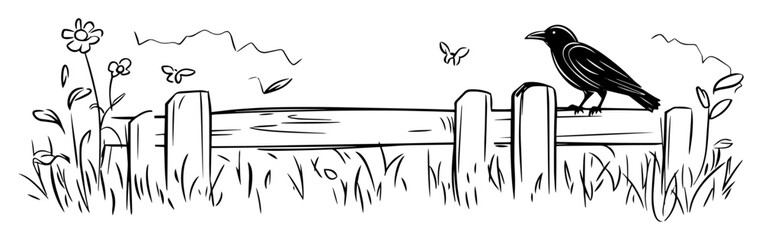 hand drawn countryside fence with bird and flowers – vector landscape