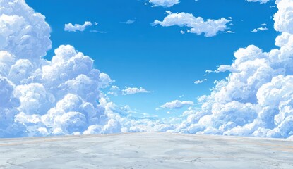 An expansive sky filled with cumulus clouds above a hazy, light gray textured plane