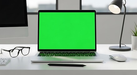 Modern Workspace with Green Screen Laptop for Video Editing and Content Creation