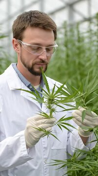 A scientist in protective gear examines a cannabis plant in a commercial grow within a corporate marijuana greenhouse