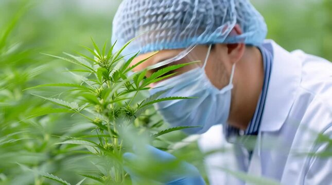 A scientist in protective gear examines a cannabis plant in a commercial grow within a corporate marijuana greenhouse