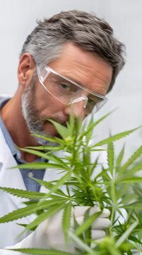 A scientist in protective gear examines a cannabis plant in a commercial grow within a corporate marijuana greenhouse