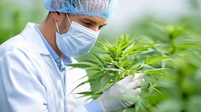 A scientist in protective gear examines a cannabis plant in a commercial grow within a corporate marijuana greenhouse