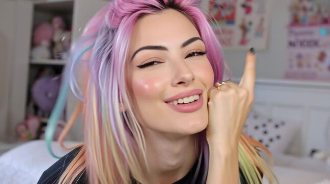 An egirl content creator with bright pink hair is livestreaming from her bedroom while sitting on her bed