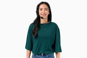 Cheerful beautiful Asian woman consultant wearing microphone headset of customer support phone operator at workplace on white background.