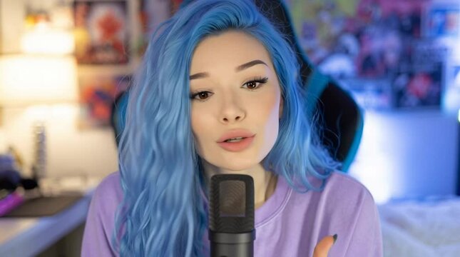 An egirl content creator with bright blue hair is livestreaming from her bedroom while sitting on her bed