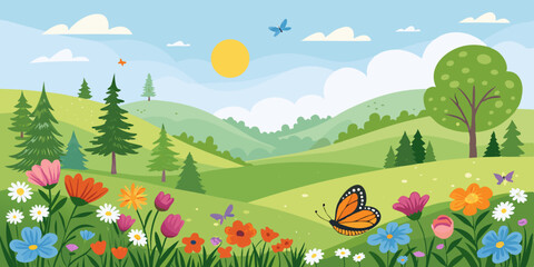 Obraz premium spring landscape with flowers and grass