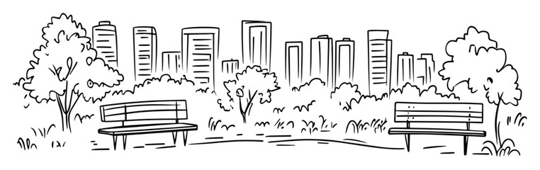 hand drawn city park with benches and skyscrapers – vector line art © Mago