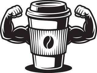 Strong Coffee Cup Mascot with Flexing Bicep Muscles Vector Logo