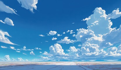 Cartoon depiction of a blue sky filled with cumulus clouds over an arid landscape