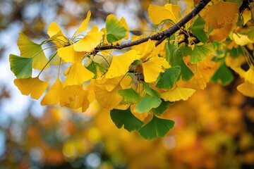Close-up of ginkgo branch with yellow and green leaves, bokeh background of fall colors