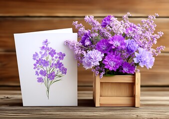 Floral greeting card on wooden surface