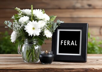 Condolence flowers, candle, and frame