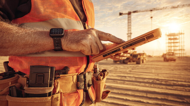 Construction worker using tablet on site with machinery in background