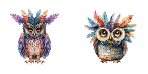 owl wearing mardi gras feather mask watercolor vector illustration