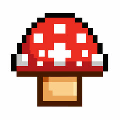 Fototapeta premium Retro Pixel Art Red Mushroom with White Spots on White Background