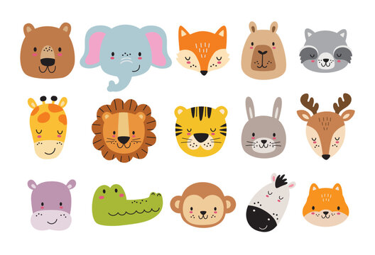 Cute wild jungle animal faces and heads vector illustration. Hand drawn animal face cartoons including a fox, tiger, lion, monkey, giraffe, etc.