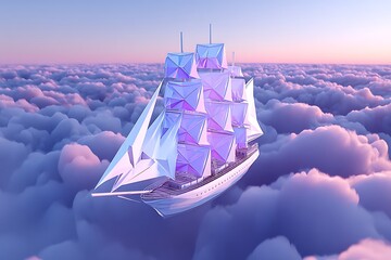 Futuristic ship floating on clouds