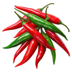 Fresh Red and Green Chili Peppers Piled Together on a White Background, isolated on transparent background.