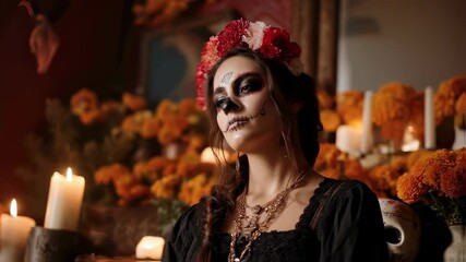 Woman with day of dead skull makeup and red flower crown in black dress. Halloween celebration and Dia de los Muertos tradition with marigold flower and candle decoration - Powered by Adobe