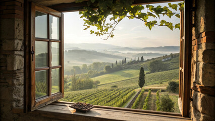 Open Wooden Window with Vineyard Scenery