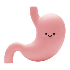 Adorable 3D illustration of a pink cartoon stomach with a smiling face, perfect for children’s health education or medical content.