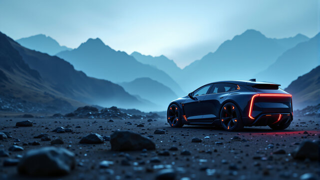 Futuristic Electric SUV in Mountain Landscape