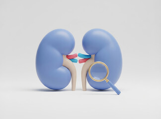Whimsical 3D Cartoon of Kidneys Examined with Magnifier, Ideal for Nephrology Education and Health Campaigns.