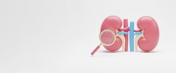Funny 3D Kidney Characters with Magnifying Glass, Educational Cartoon for Medical Learning and Awareness.