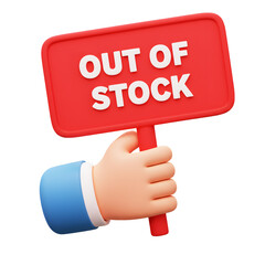 3D illustrator Out of stock sign held by hand icon on transparency background. for e-commerce, online shopping or marketing concept.	