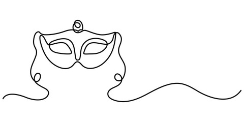Continuous line drawing of Mardi Gras Carnival mask. One line art. Vector illustration, Masquerade Mask Continuous Line Art Illustration, Carnival Mask Brazilian Drawing, Summer Carnival mask. 