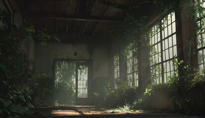 Abandoned room with overgrown plants and sunlight through large windows, evoking decay
