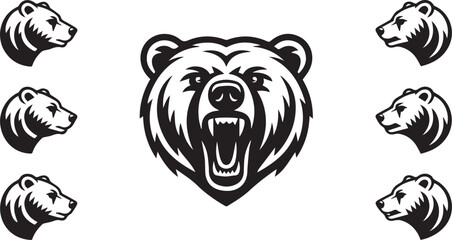 Fototapeta premium Vintage Roaring Bear Head Silhouette Collection – Angry Wild Animal Emblem Logos | Retro Wildlife Vector Illustration Set for Badges, Apparel, and Branding